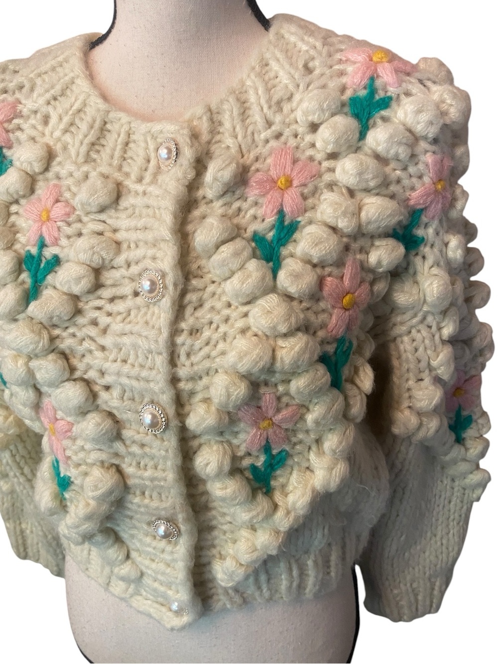 Women’s Cottagecore Floral Bubble Stitch Sweater Cardigan Vintage Inspired S